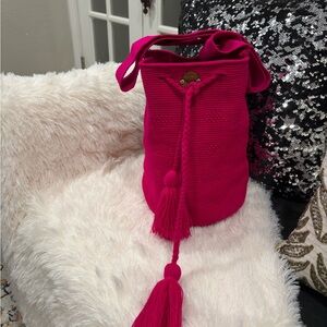 Vibrant Pink Woven Bucket Bag with Tassels